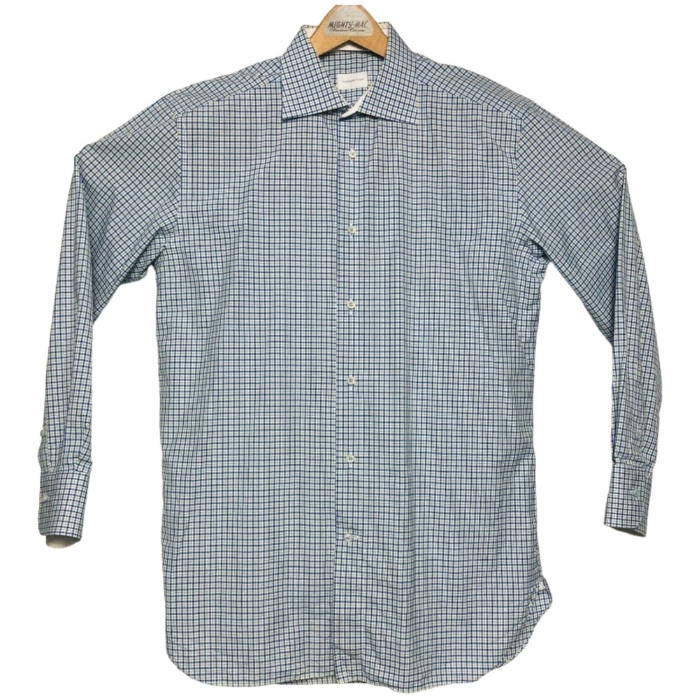 Ermenegildo Zegna Blue & Green Gingham Plaid L/S Ctn Btn Down Mens Size 39/15.5